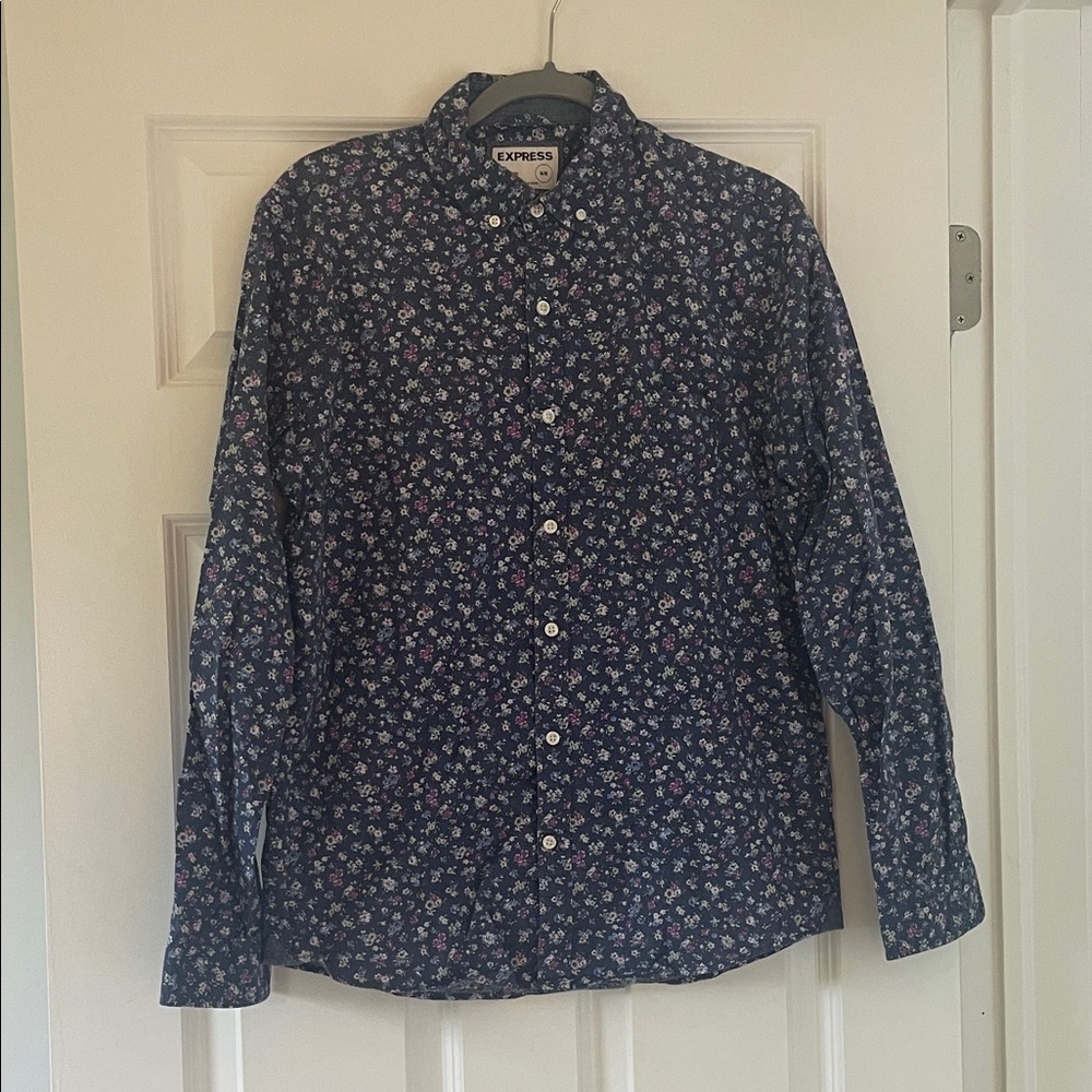 Express Men's Dark Blue Floral Button Down Shirt